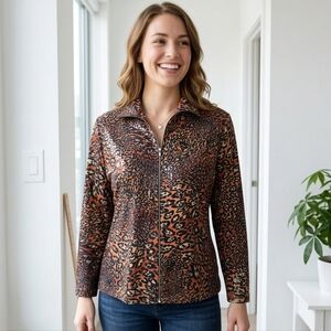 Exclusively Misook Leopard Print Clear Sequin Zip Up Jacket Size L